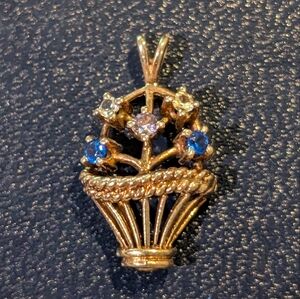 Gold Basket Pendant with Blue and Clear Stones